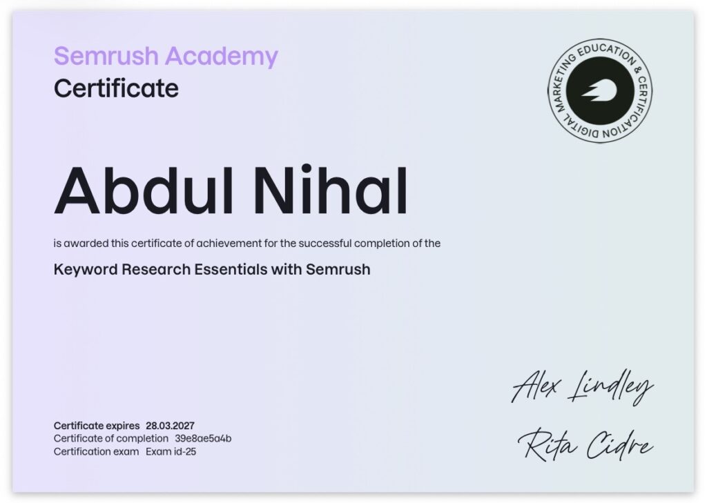 Semrush Keyword Research Essentials Certificate - Abdul Nihal