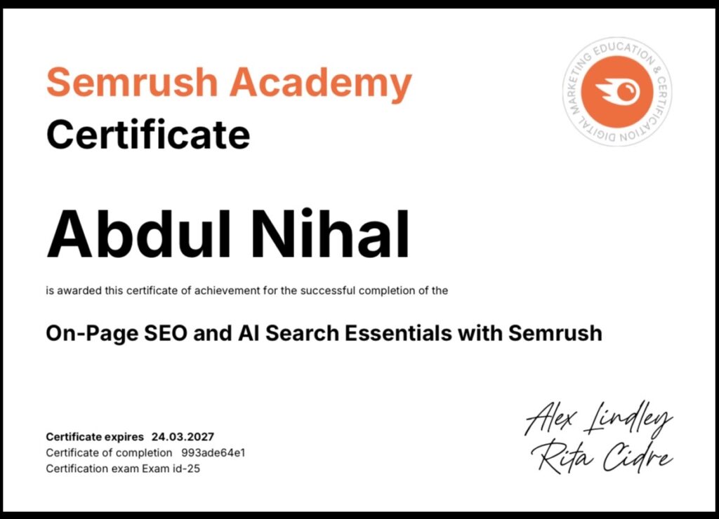 Semrush On-Page SEO and AI Search Essentials Certificate - Abdul Nihal