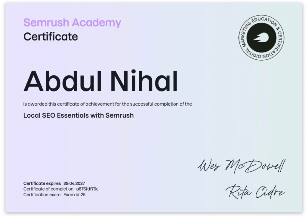Semrush Local SEO Essentials Certificate - Abdul Nihal